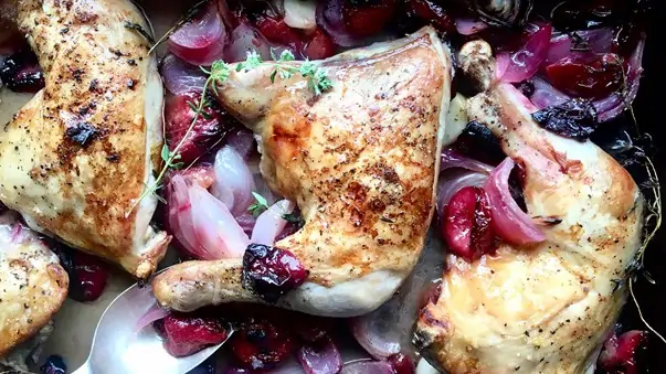 Chicken Legs Baked with Red Plums, Rosé and Thyme